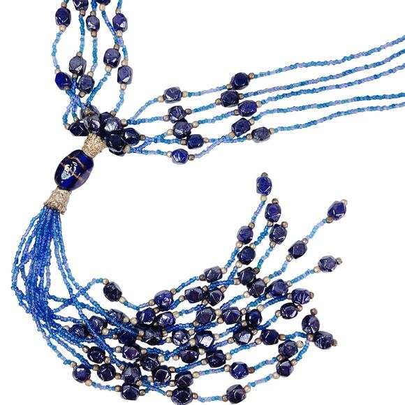 Vintage Glass Bead Tassel Necklace Blue Multi Strand Bohemian Artisan Jewelry - Picture 1 of 13